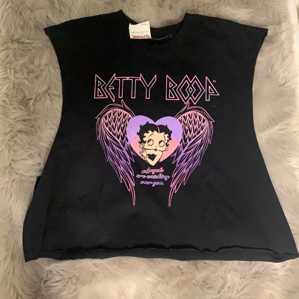 Betty Boop | Ladies Graphic Black Cropped Raw Edge Muscle Shirt Size XL